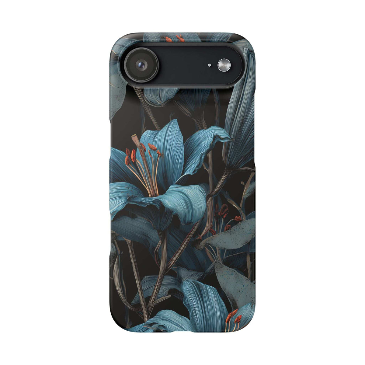 Blue botanical phone case with top camera bar and teal-blue flower and leaf print