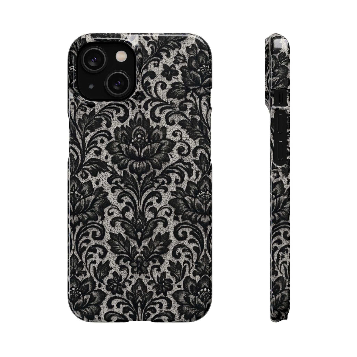 Black damask floral phone case with large camera cutout and matching side profile