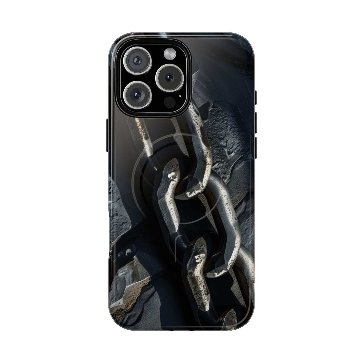 Black tough phone case with chain links and metal-style graphic, raised camera openings