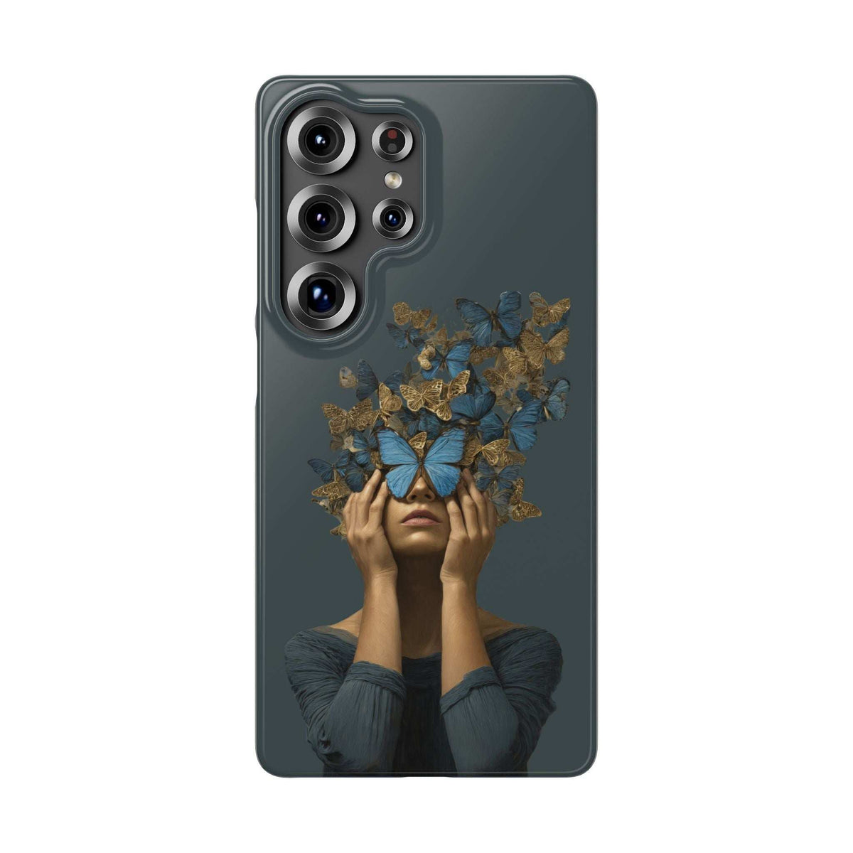 Phone case with dark blue artwork of butterflies and gold branches; multiple camera cutouts