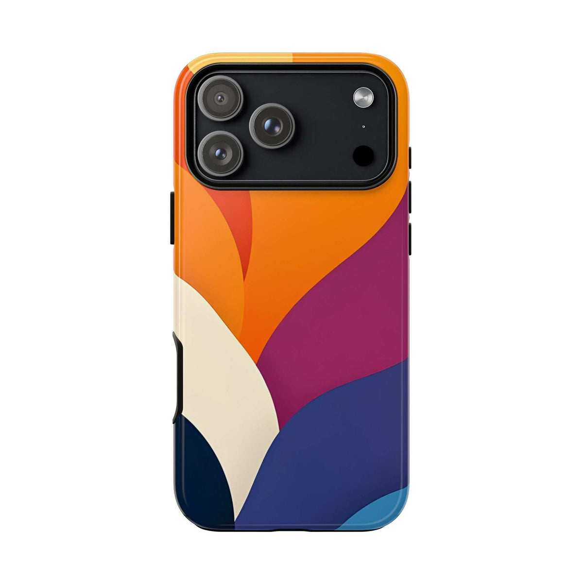 Abstract phone case with orange border, magenta stripe, navy bottom, and triple camera cutouts.