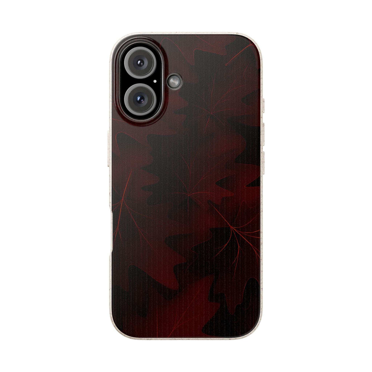 Dark maroon leaf-print phone case with dual camera lenses and protective raised frame