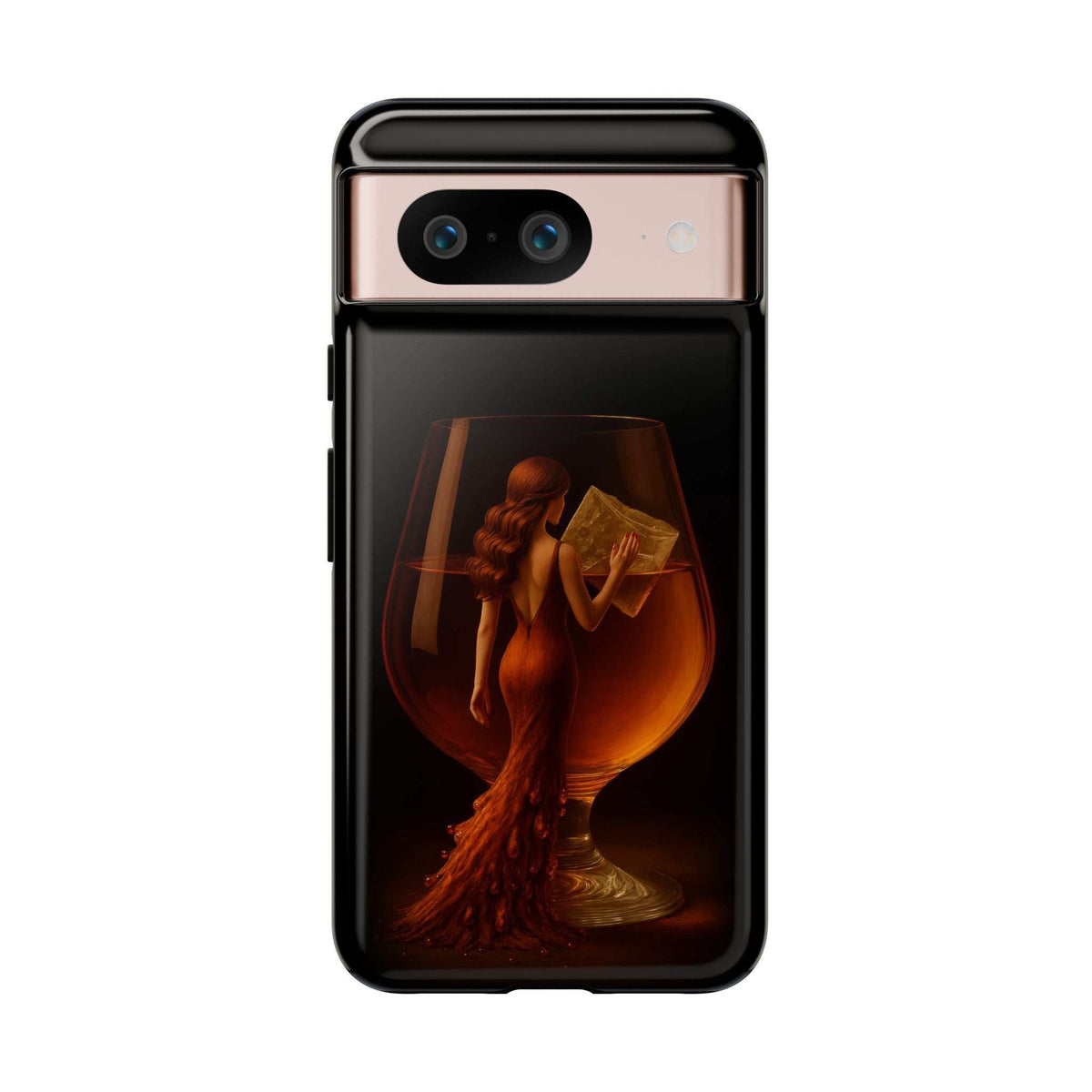 Glossy dark phone case with centered lady holding a book in warm golden light