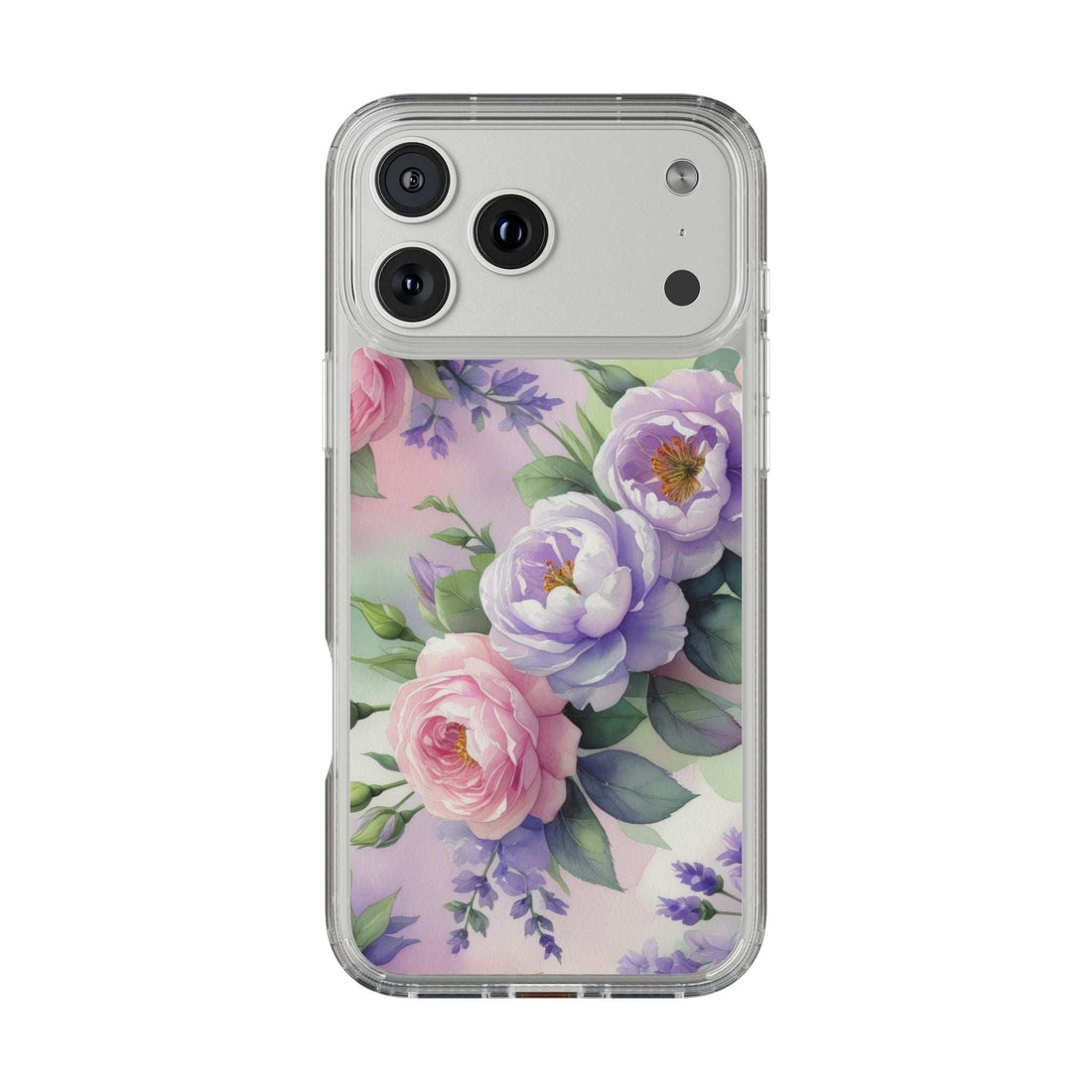 Clear phone case with lavender, pink, and purple floral print; raised camera cutouts