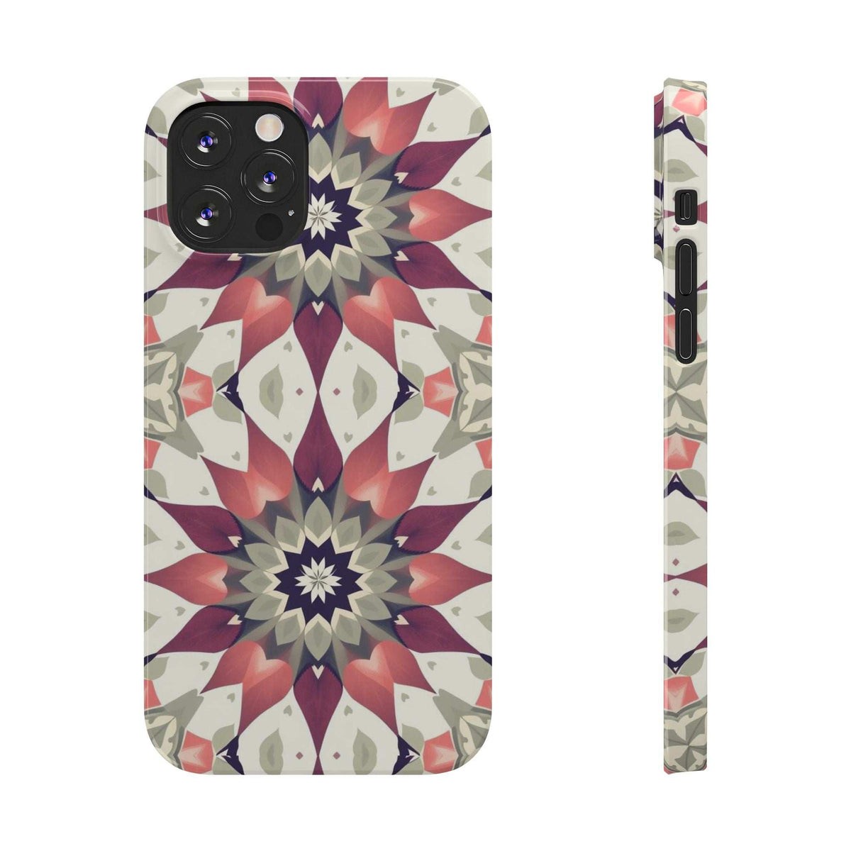 iPhone phone case with burgundy mandala flower design and camera cutouts plus side