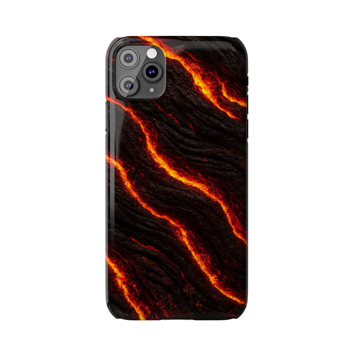 Black lava phone case with orange molten wave design and rear camera opening.