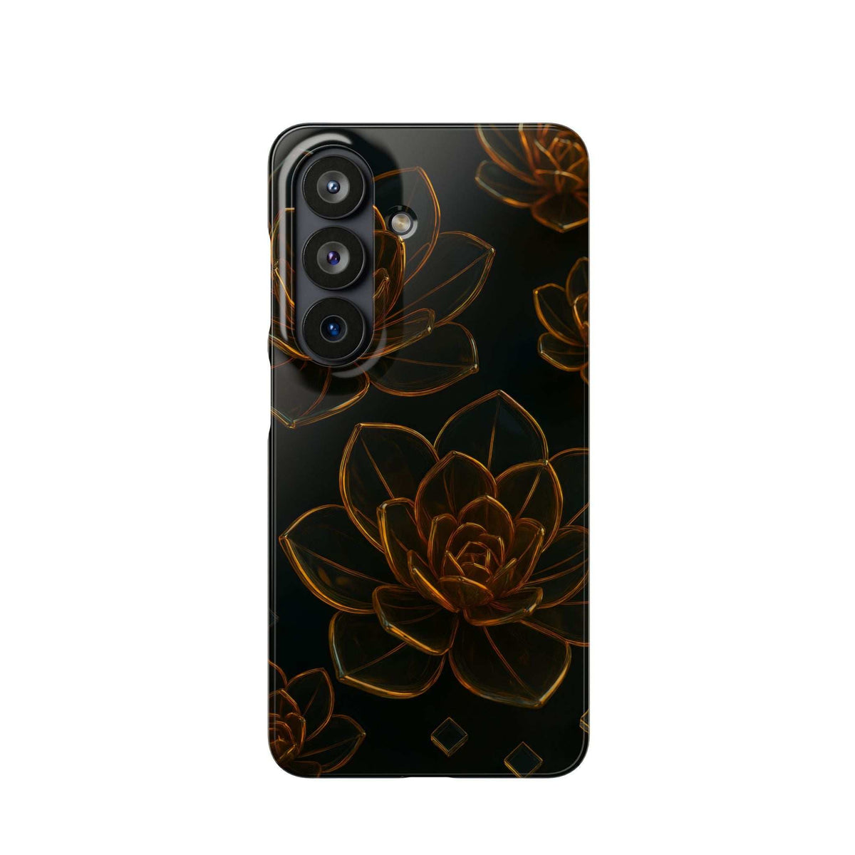 Glossy black glass phone case showing amber flower linework with camera module protection