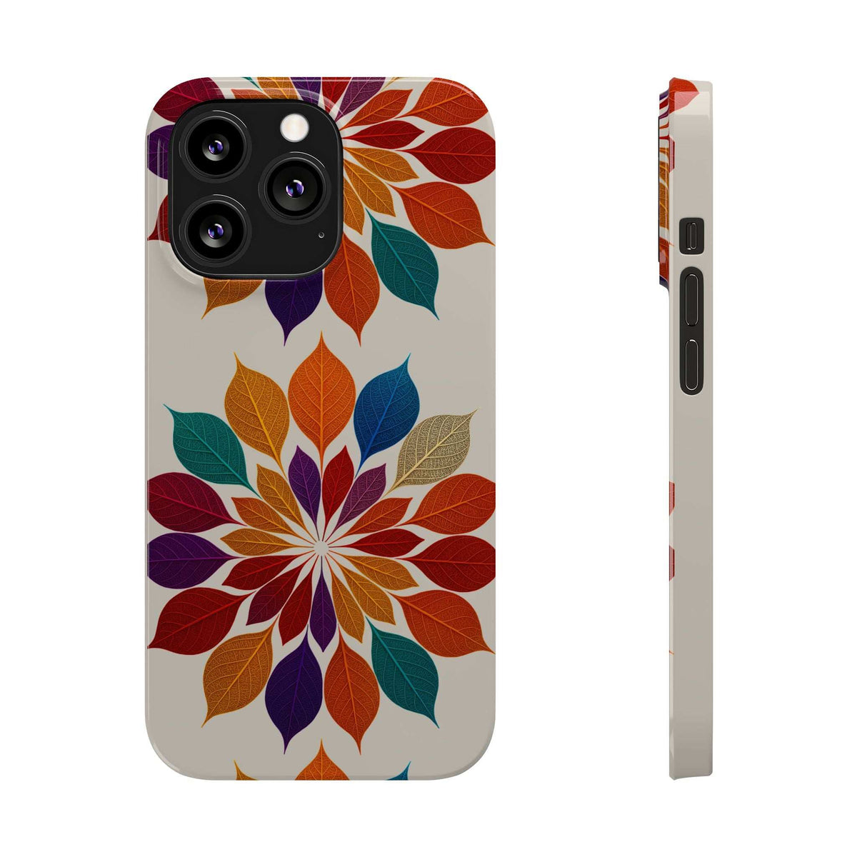 Leaf mandala phone case for iPhone 11-17, front view and side profile with colorful leaf design