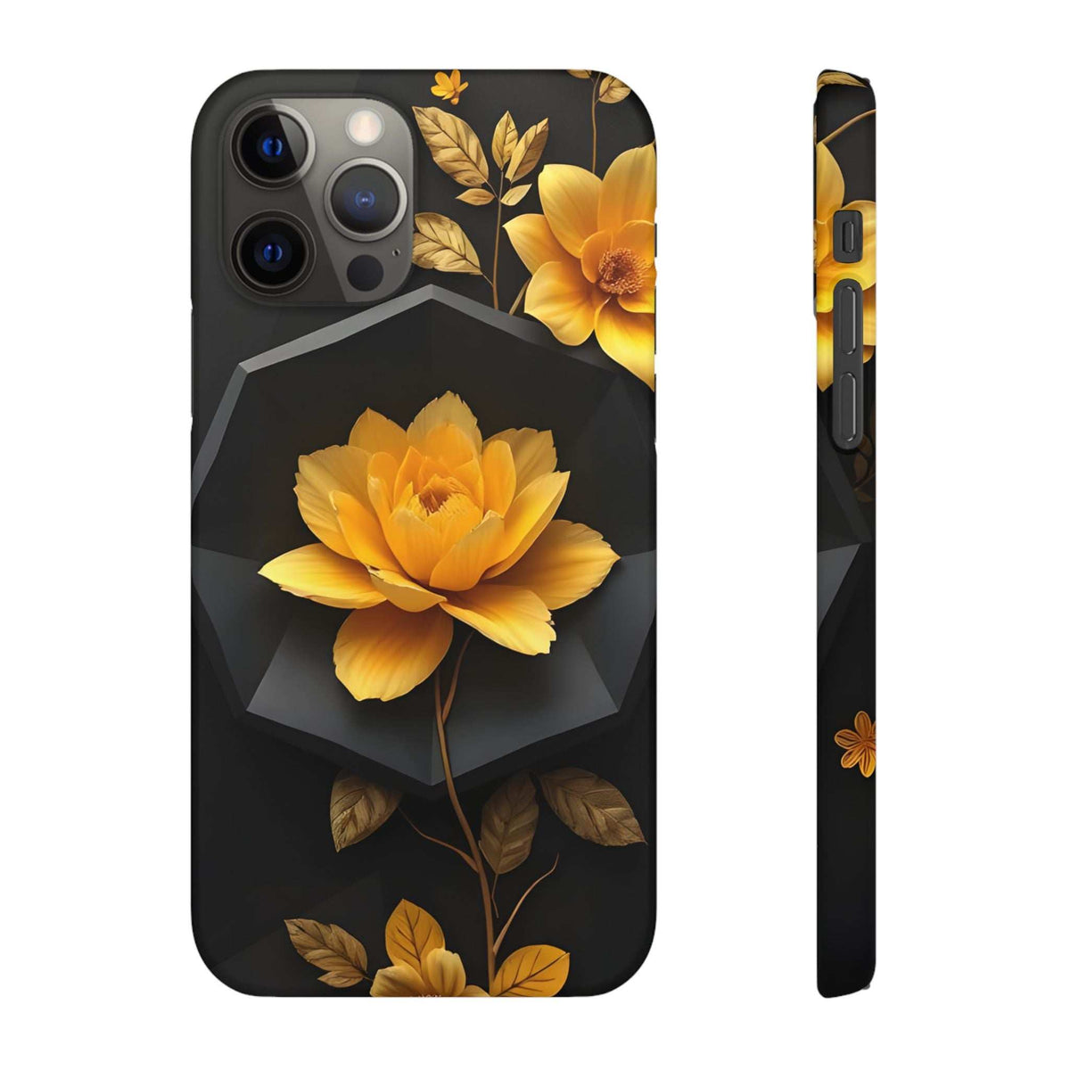 Black phone case with yellow rose bouquet design and leaf pattern, side profile shown