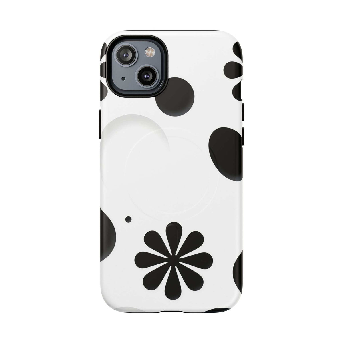 Phone case featuring a large black daisy on white, with magnetic circular side accents