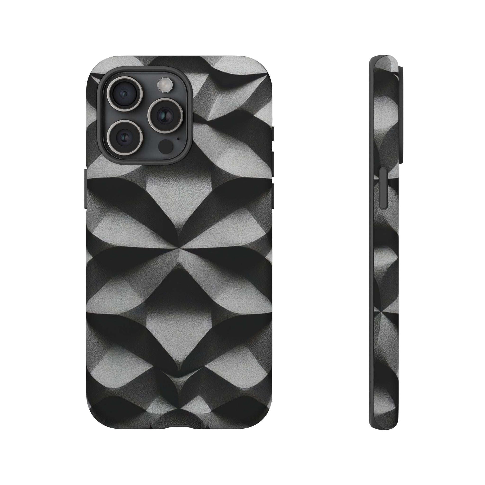 Rugged iPhone case with black and gray geometric pattern; raised camera bezel and side grip