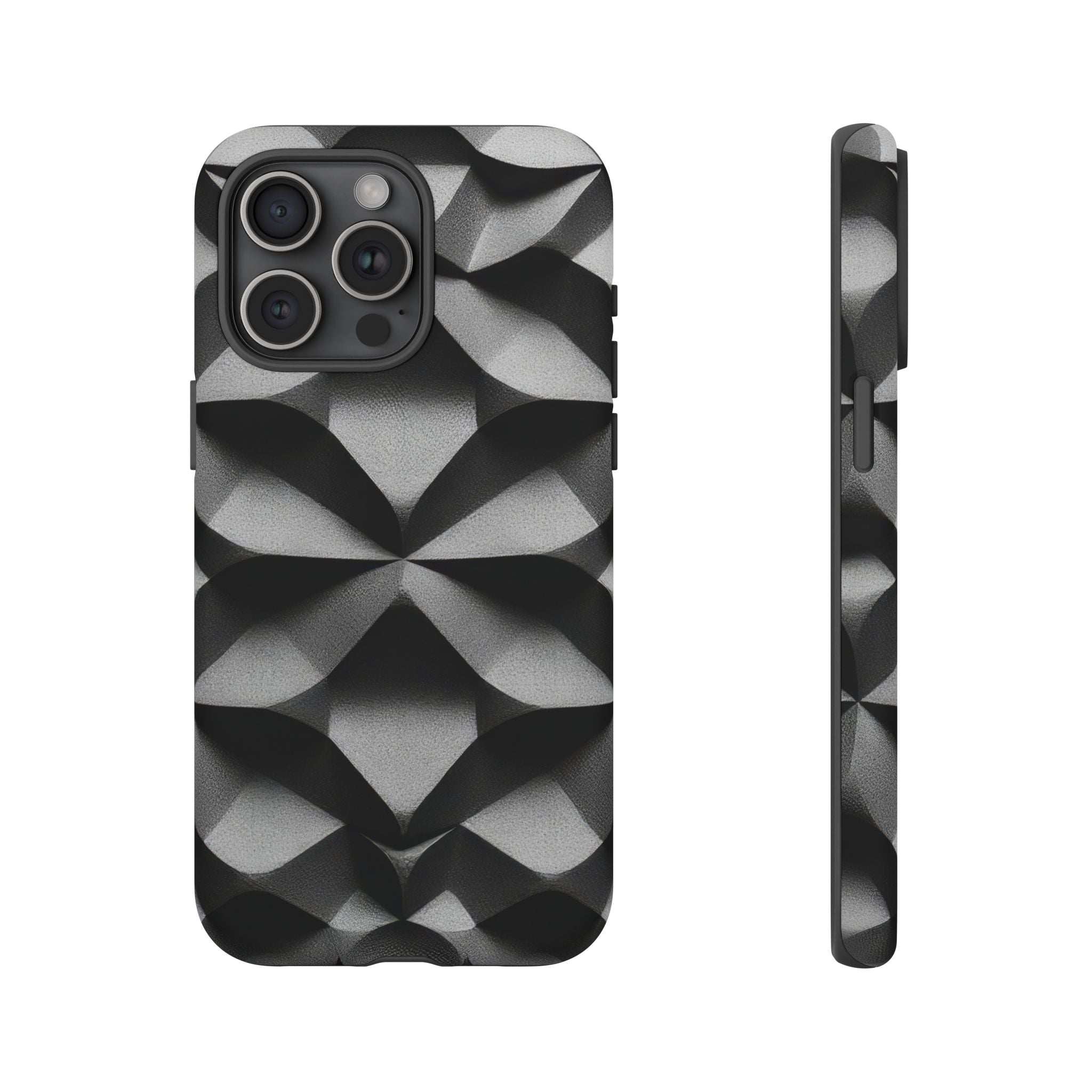 Rugged iPhone case with black and gray geometric pattern; raised camera bezel and side grip