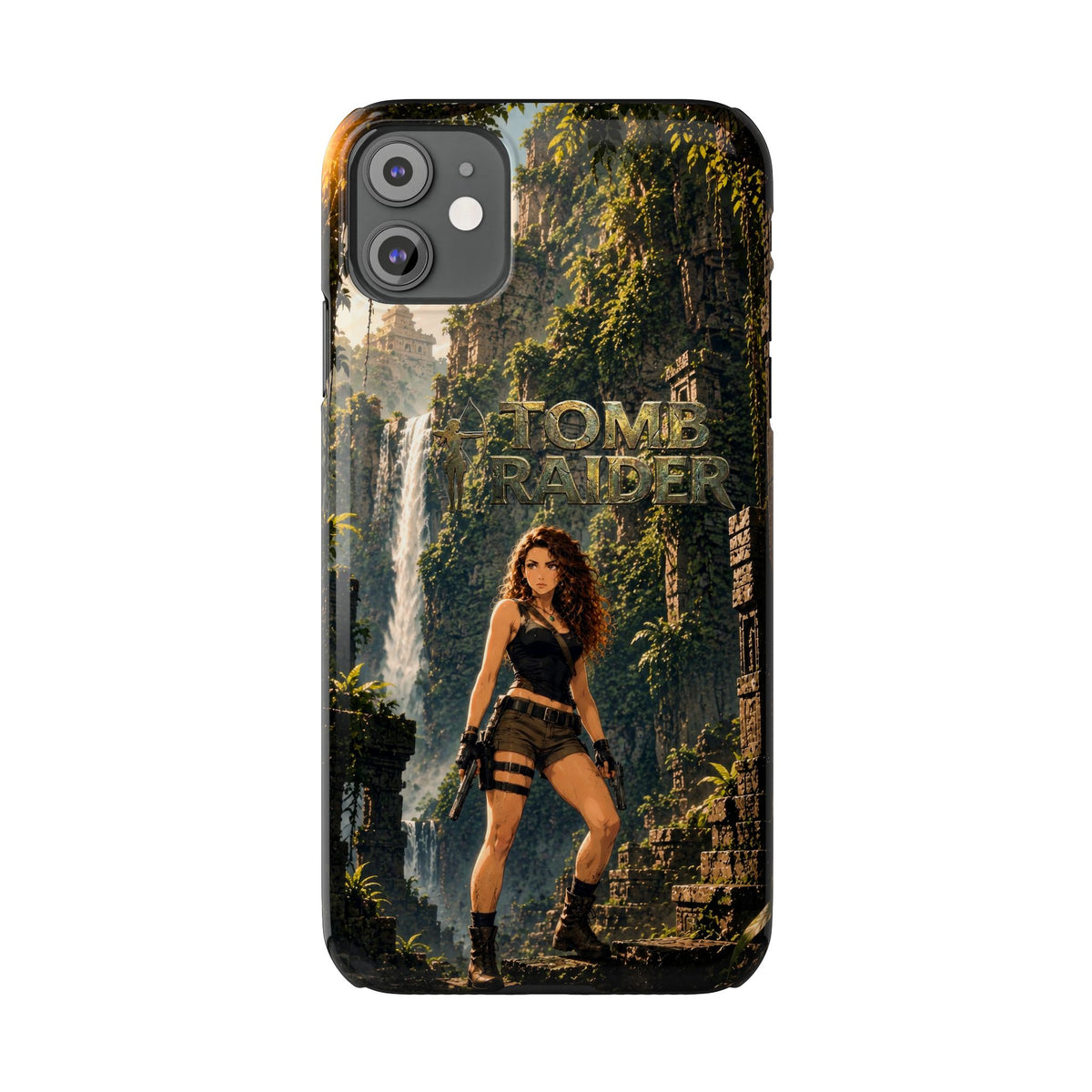 Front phone case with triple-lens camera cutout and Tomb Raider adventure artwork
