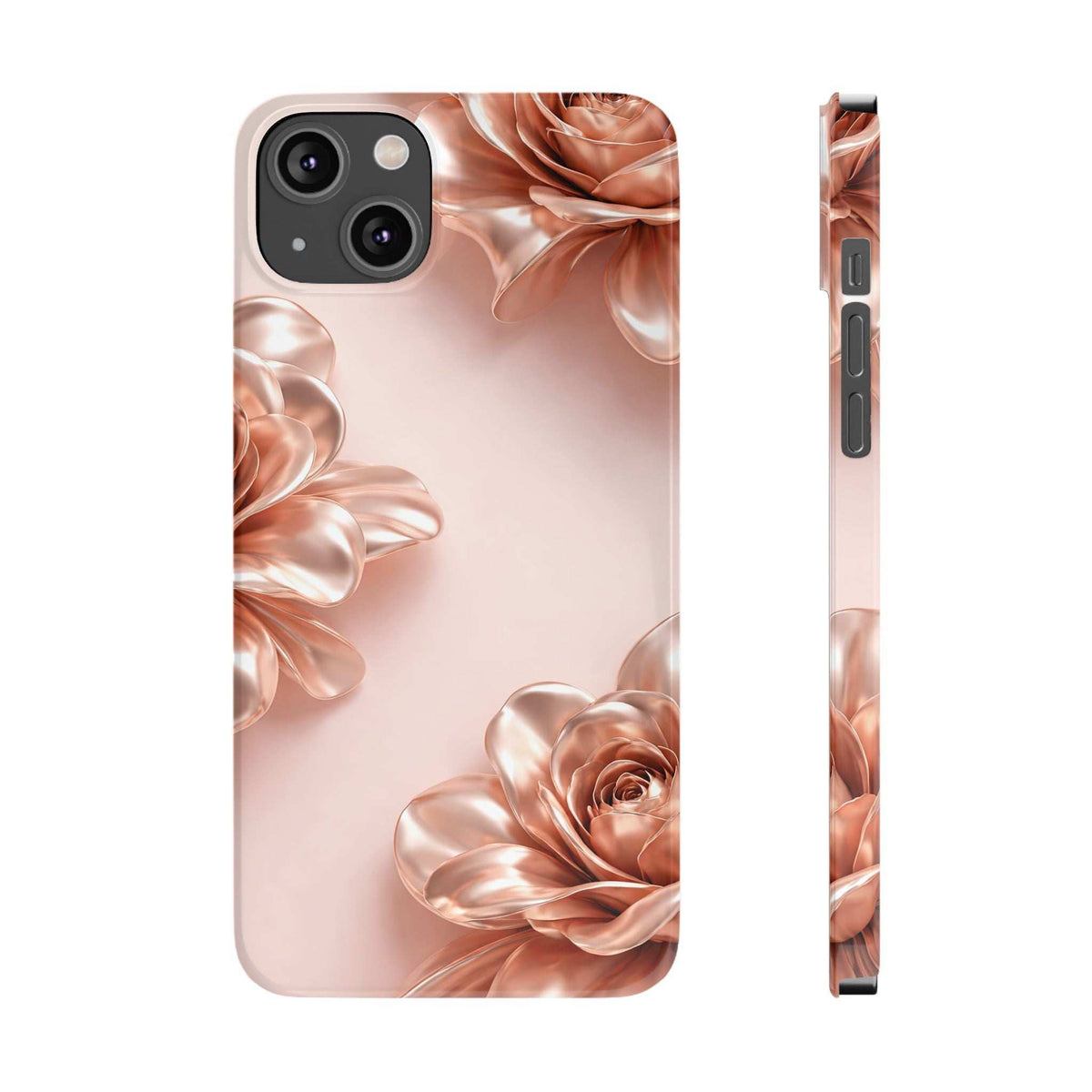 Blush pink phone case with metallic rose-flower artwork and camera lens cutouts