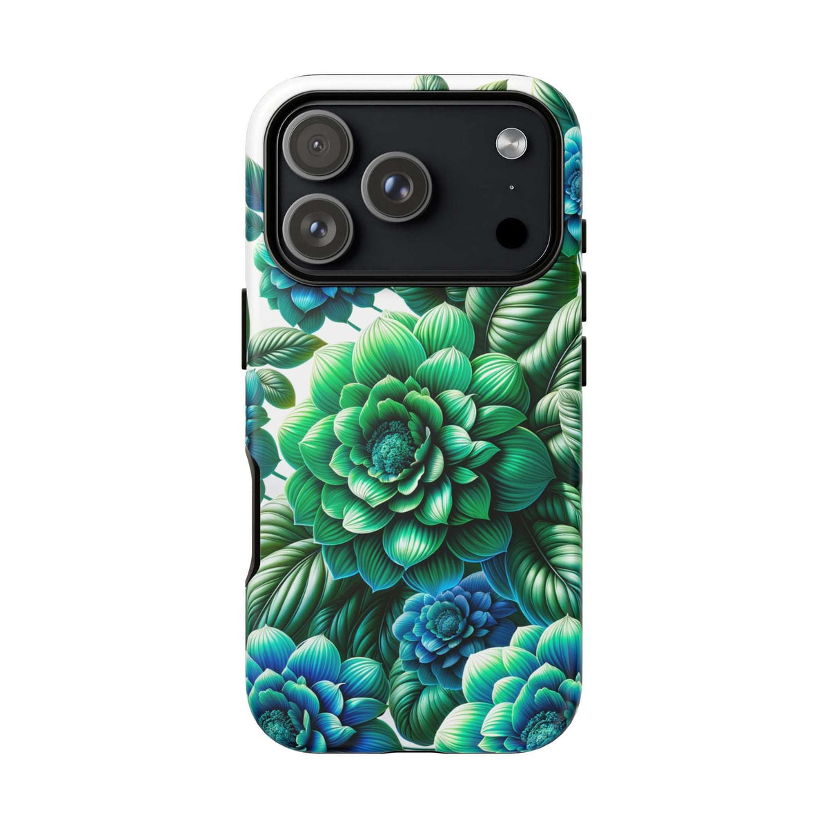 Floral phone case with green and blue blooms and foliage, camera cutout view