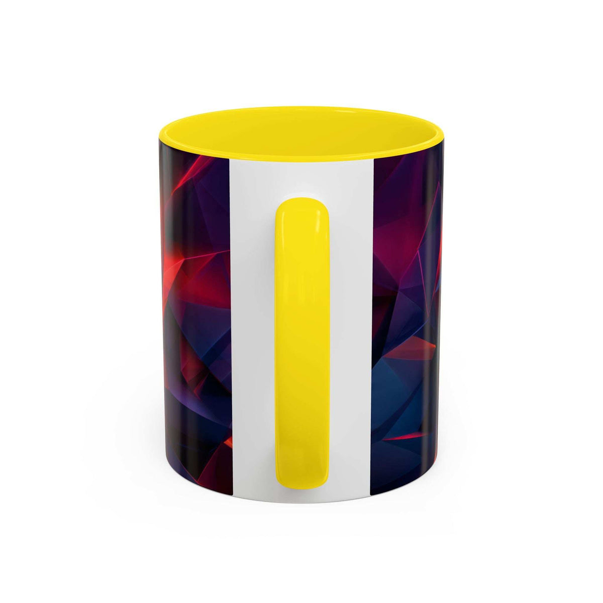 Ceramic accent mug with yellow rim and handle; vertical yellow stripe over dark pattern.