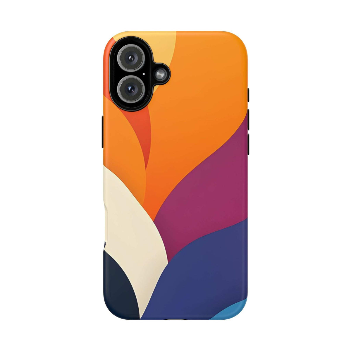 Abstract phone case with orange, purple, and navy blue pattern plus white wave detail