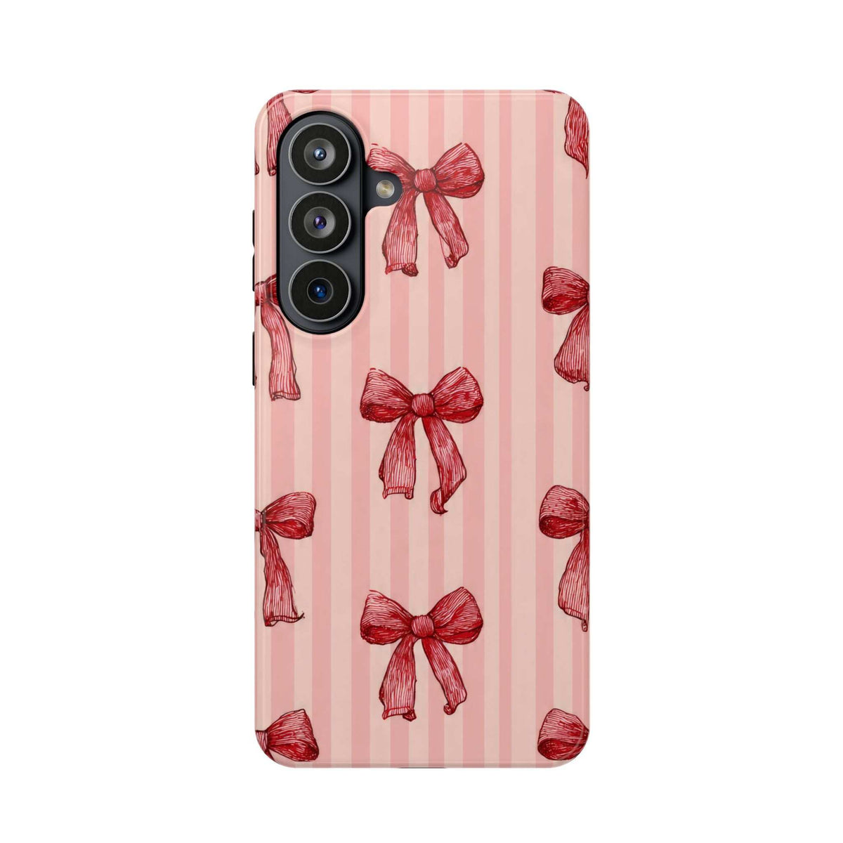 Pink phone case with red stripe and bow print; camera cutout visible.