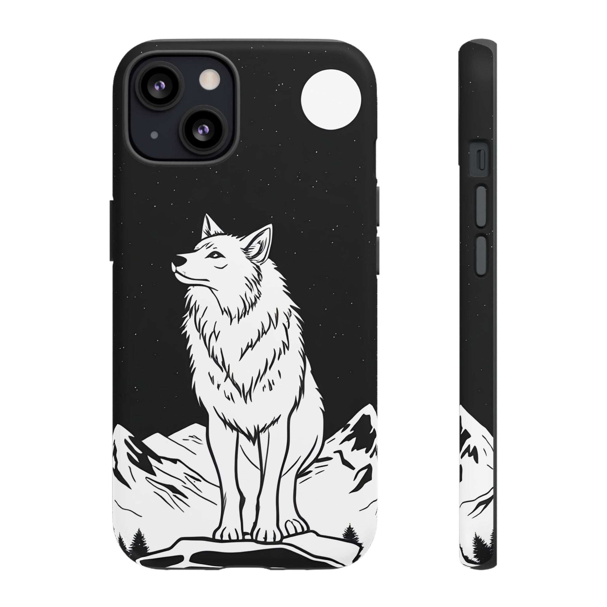 Black wolf phone case with white line art, moon circle detail, mountains, and side button cutouts