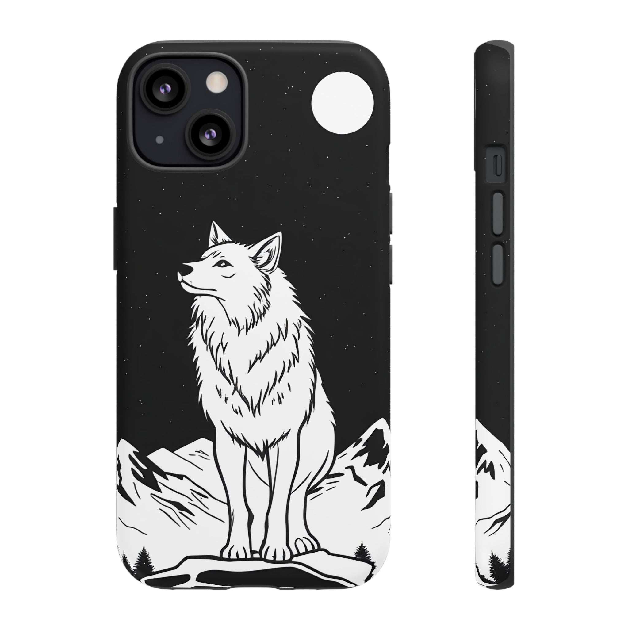 Black wolf phone case with white line art, moon circle detail, mountains, and side button cutouts