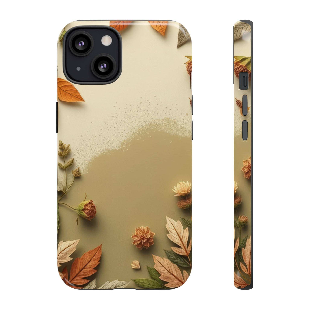 Autumn leaves phone case with beige background, scattered orange and green leaves, camera cutout