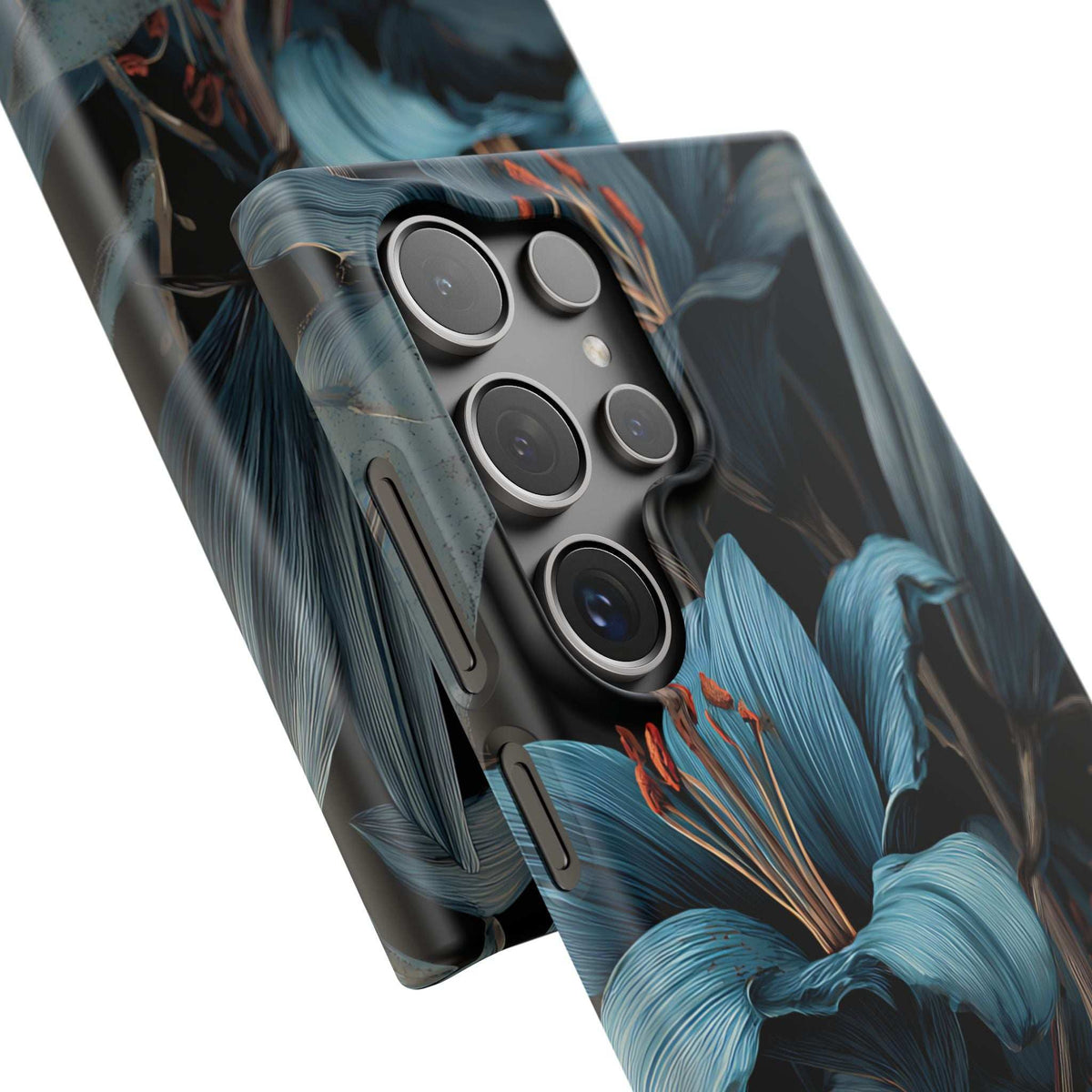 Phone case with blue lily floral design, angled view showing camera cutouts and buttons