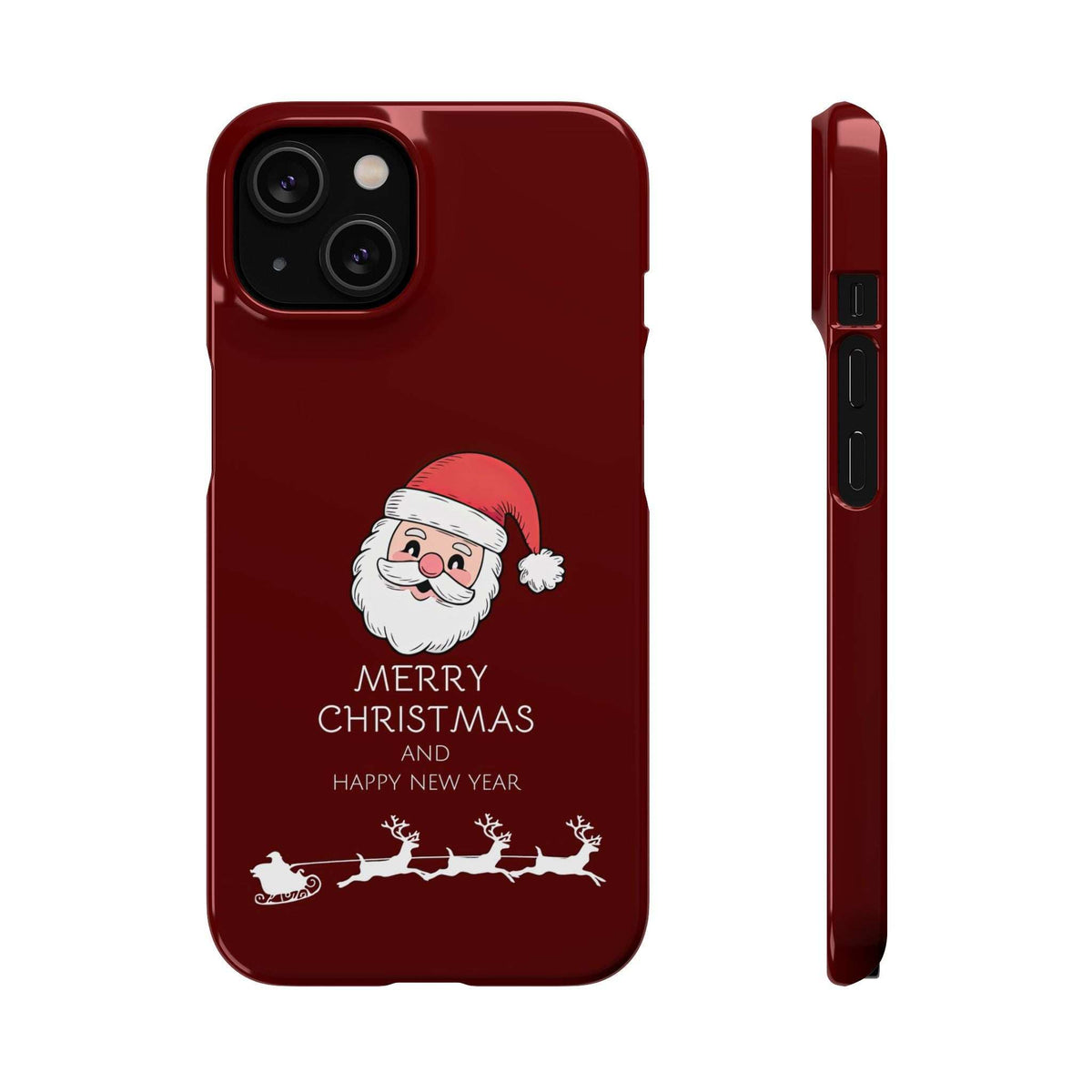 Glossy maroon phone case with Santa, Merry Christmas and Happy New Year; shows side button area.