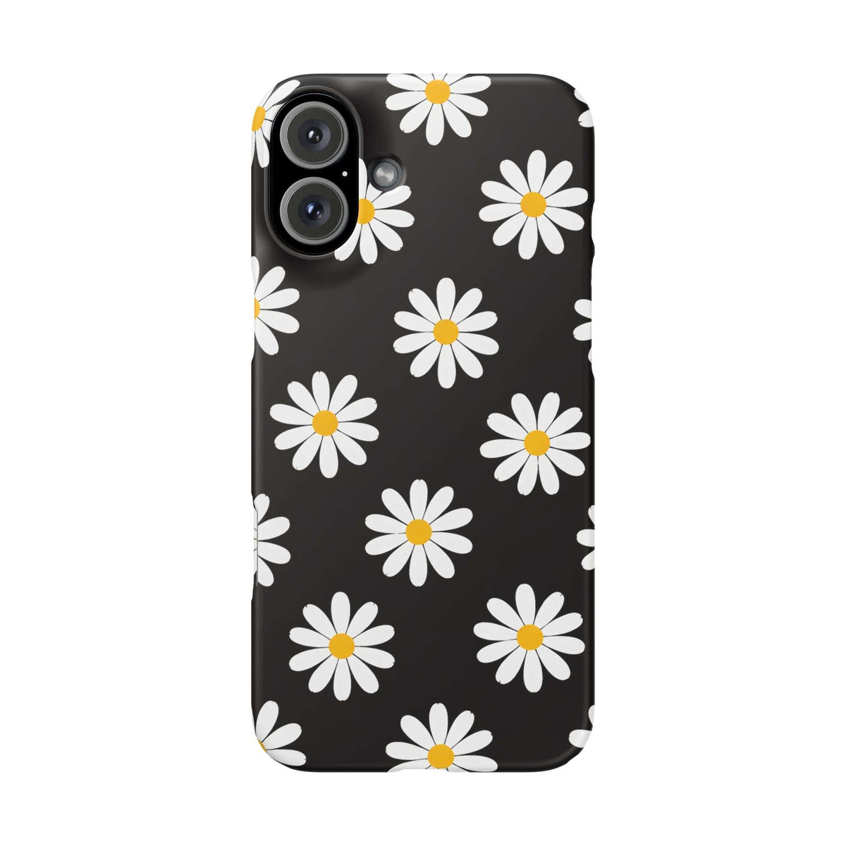 Daisy charm phone case with white flowers on a dark background; rear camera cutouts