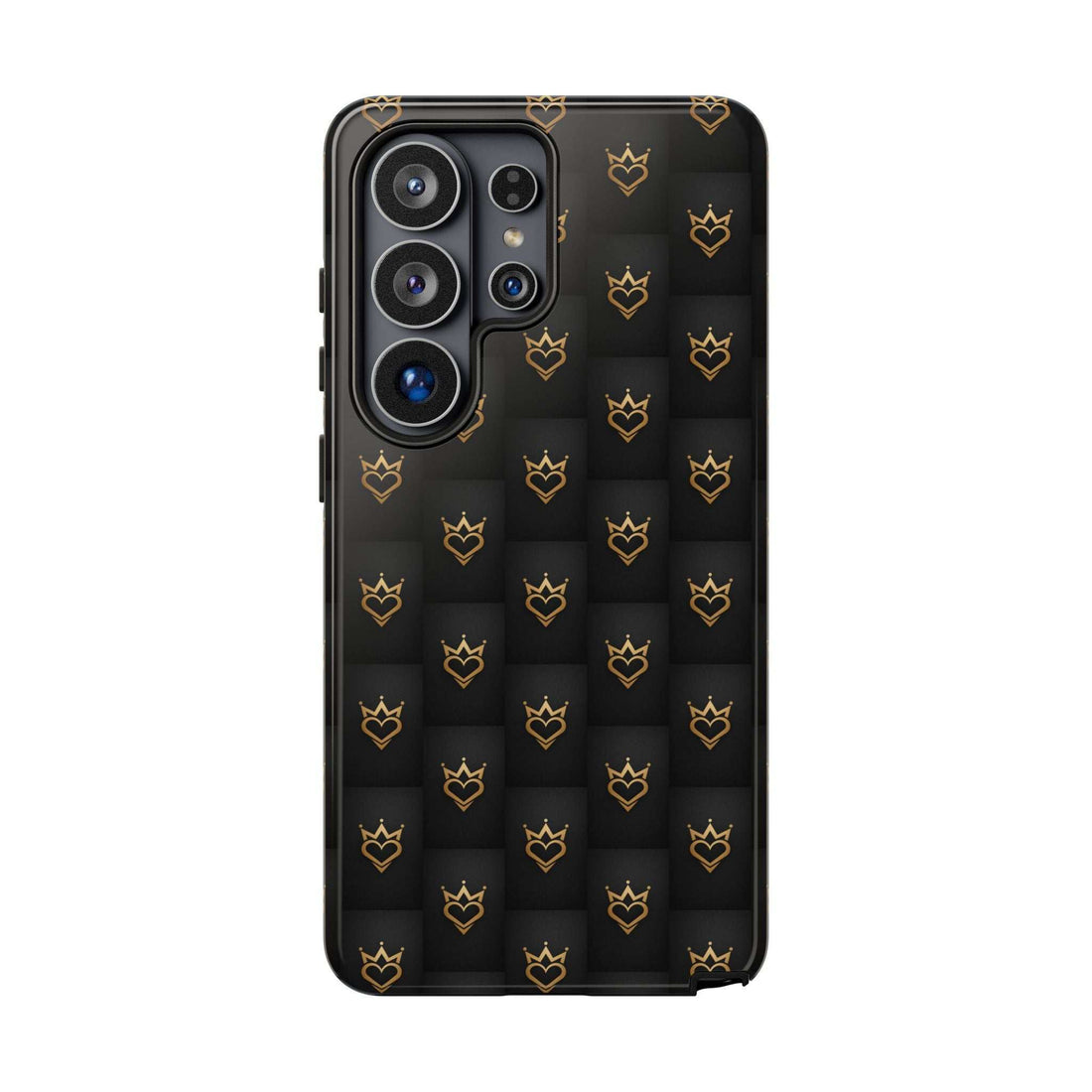 Black phone case with small gold crown and heart doodle pattern, camera cutouts visible