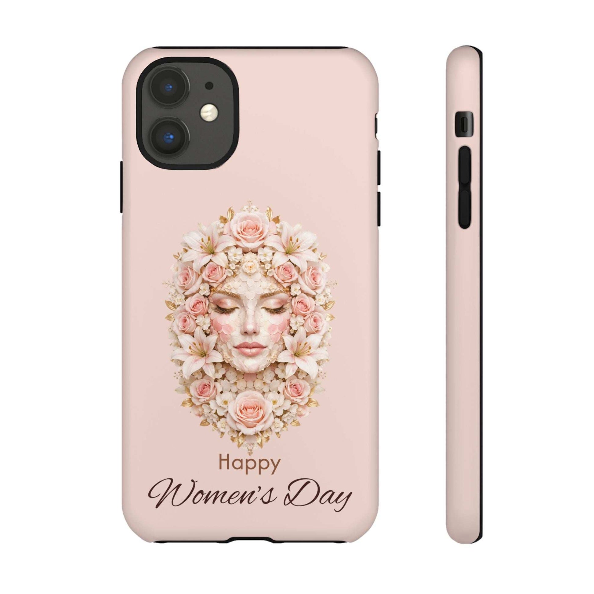 Pink iPhone phone case with floral wreath face graphic and “Happy Women’s Day”