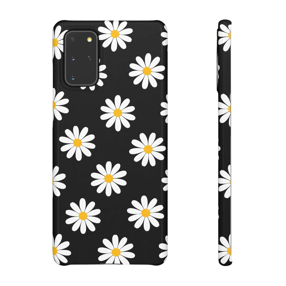 Black phone case with white daisy pattern and yellow centers; camera lens cutout on back.