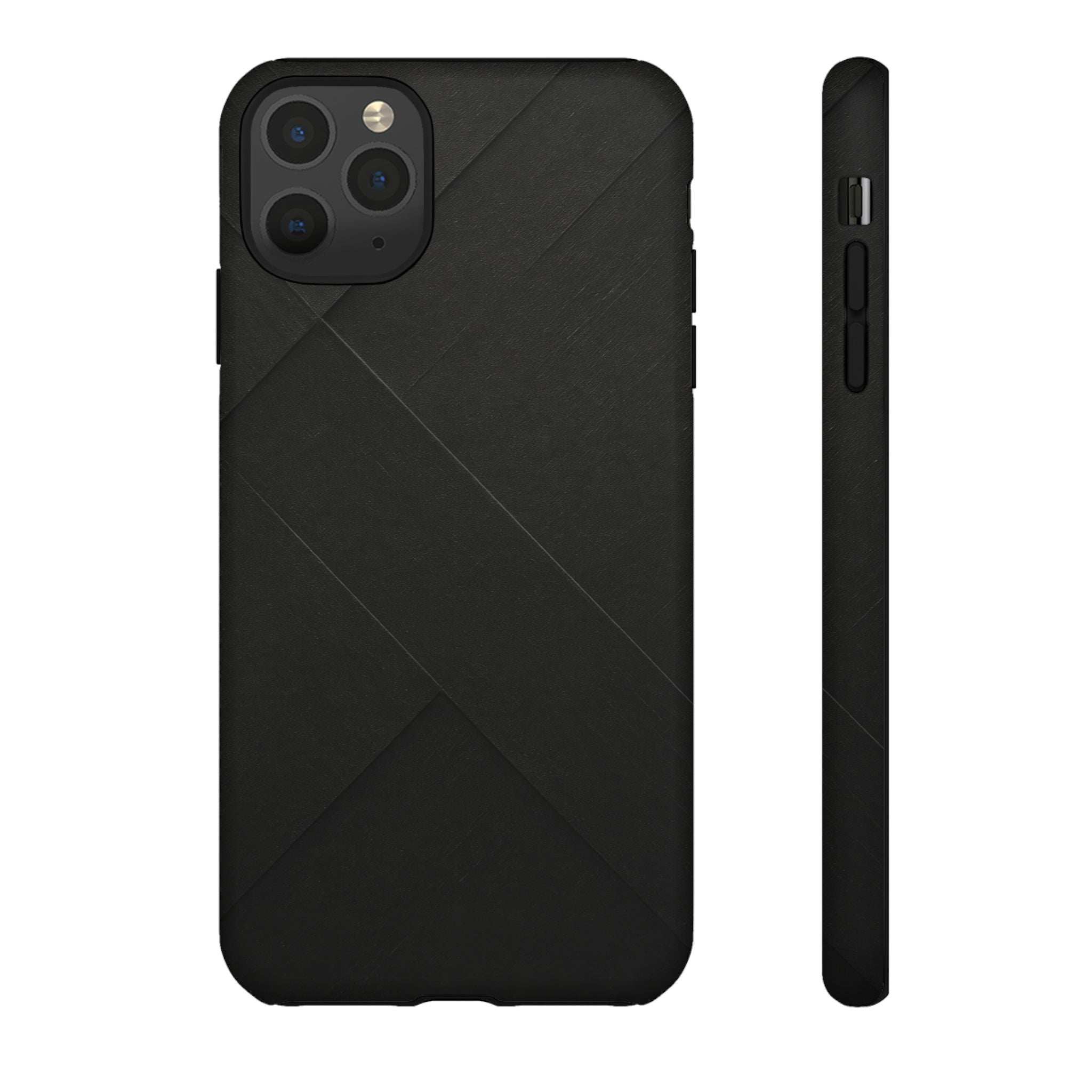 Matte black phone case with diagonal line pattern and raised camera frame