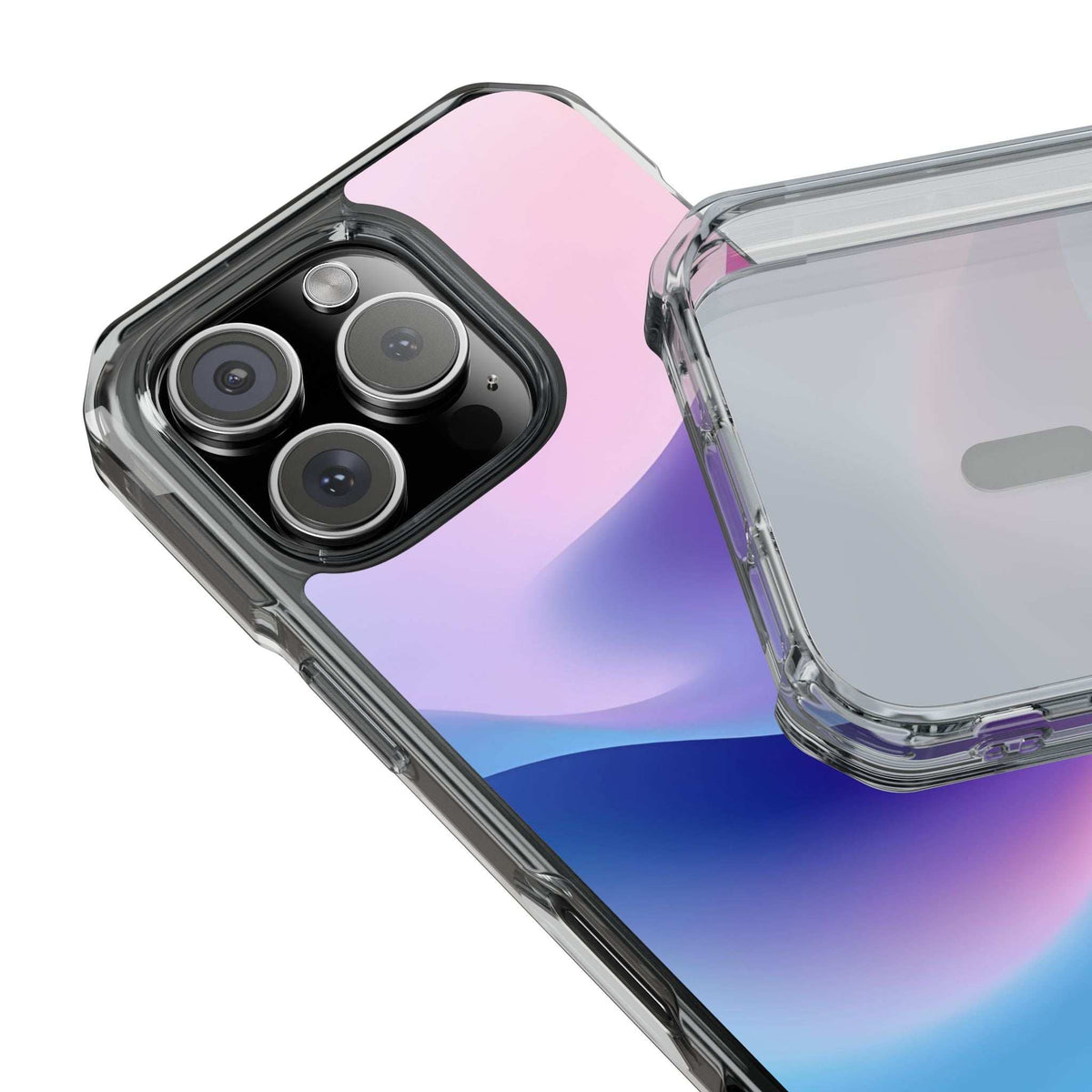 Pastel wave phone case with clear bumper and raised camera lenses, angled view