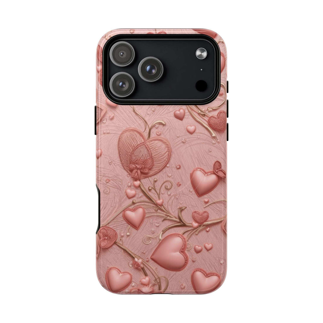 Pink phone case with raised hearts and flowers, camera lens cutout visible