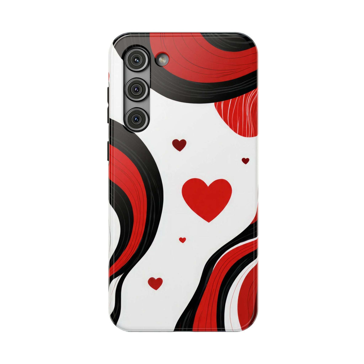 Glossy phone case with white base, red hearts, and red/black swirl pattern with camera cutout