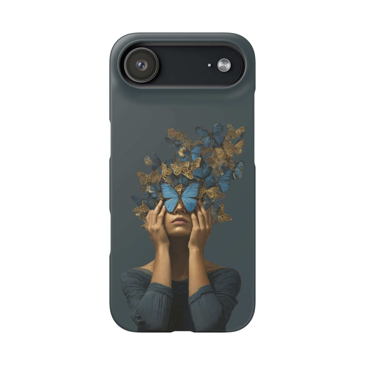 Dark gray phone case with blue-and-gold butterfly face artwork, single camera bar cutout
