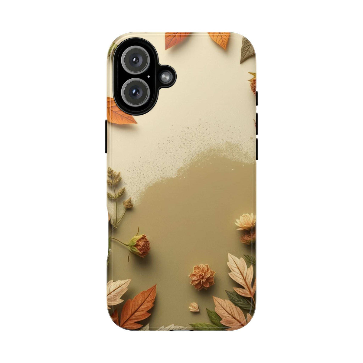 Phone case featuring beige autumn leaves, orange petals, and green foliage; camera cutout