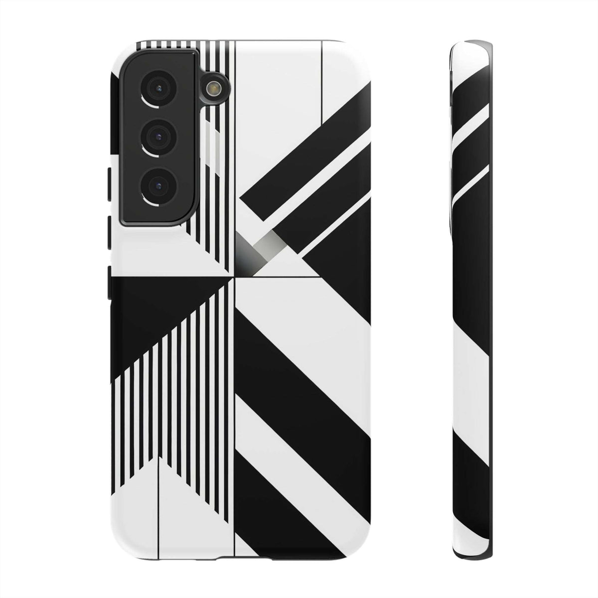 Monochrome tough phone case with black-and-white geometric stripes, camera cutout