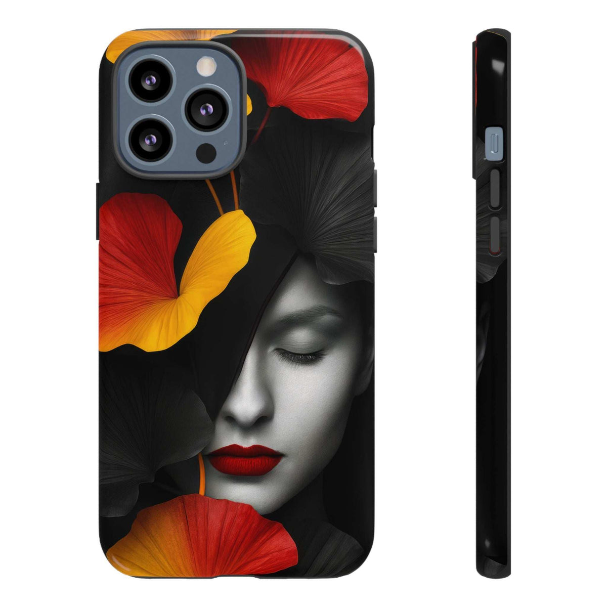 Glossy phone case with red and yellow floral portrait artwork on dark background
