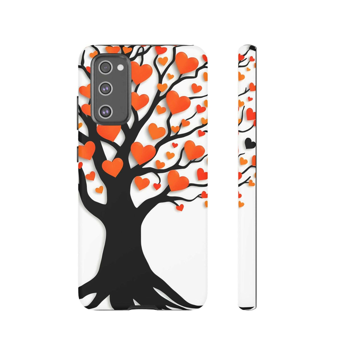 Heart tree phone case with orange and red hearts on white; front and side views