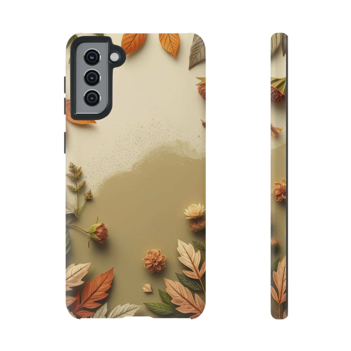 Phone case with autumn leaves pattern and slim side profile, featuring rear camera cutouts