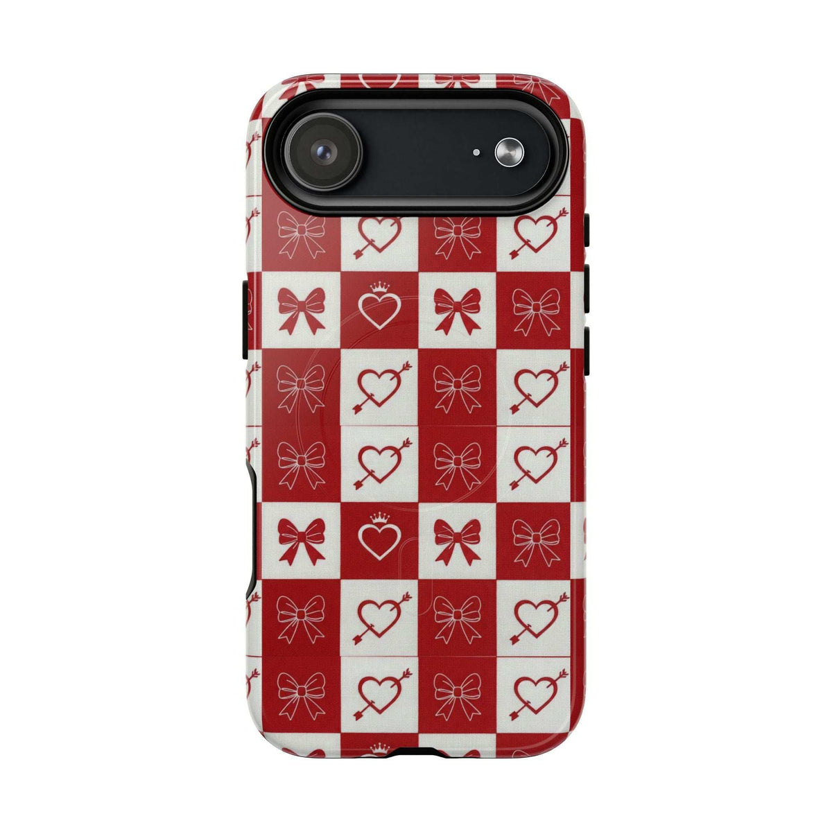 Red and white checkered phone case with hearts and bows, large top camera window