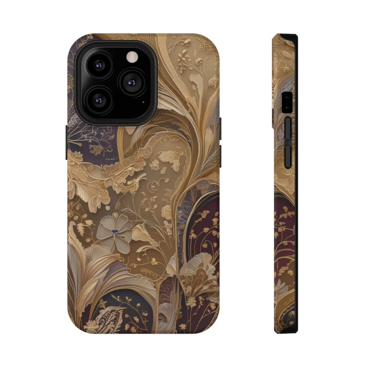 Botanical phone case with beige floral swirls and dark accents; side edge shows ports.