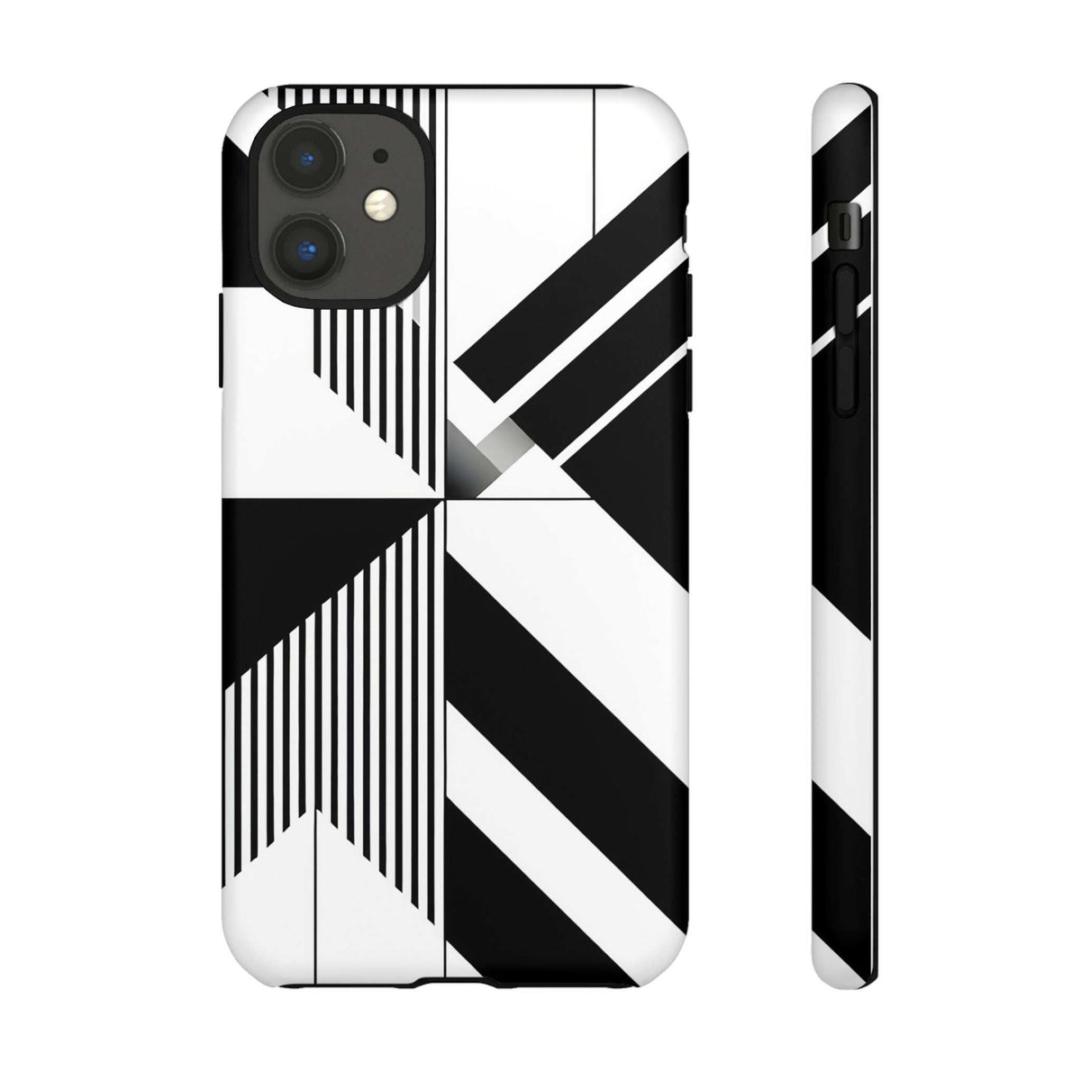 Tough phone case, front view showing black-and-white geometric stripe artwork