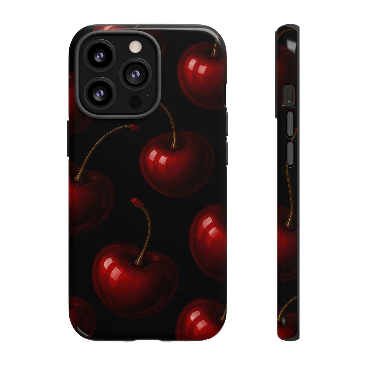Glossy phone case with red cherry pattern on dark background; camera module and buttons