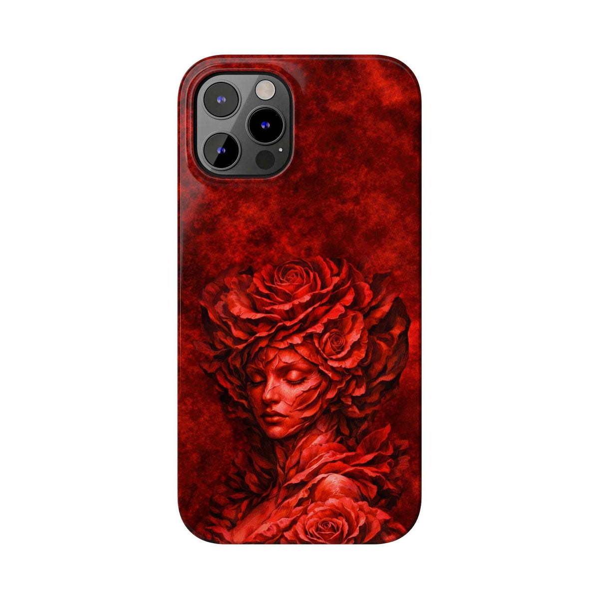 Slim phone case with red rose-girl artwork and raised camera module