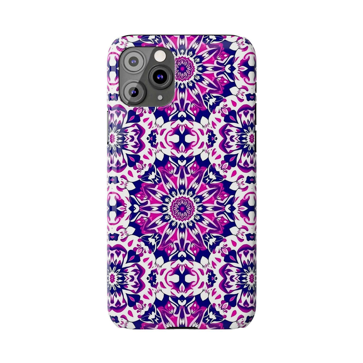 Phone case featuring a purple-pink floral mandala pattern with raised camera bump