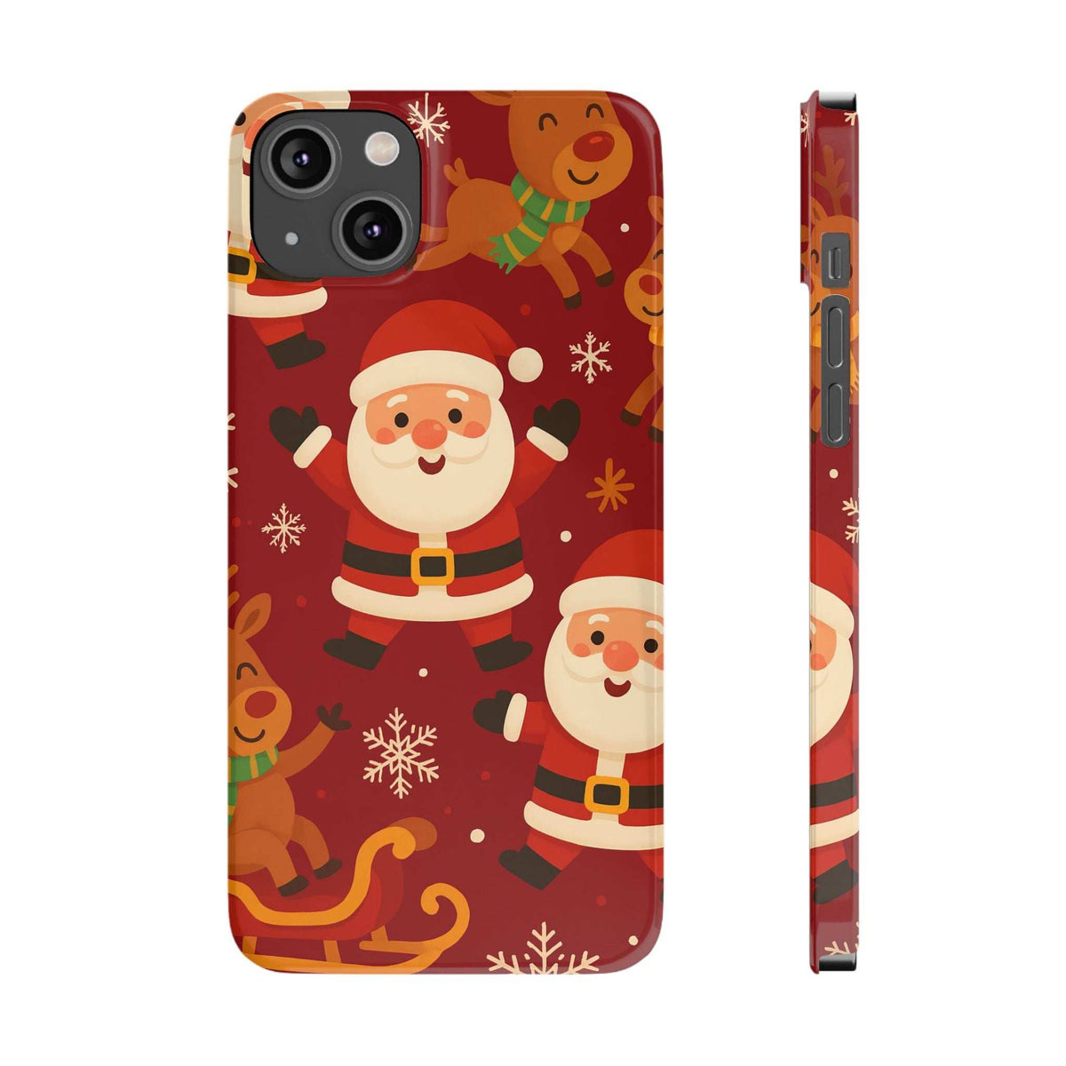 Red festive phone case with Santa and gingerbread; side profile with port openings.