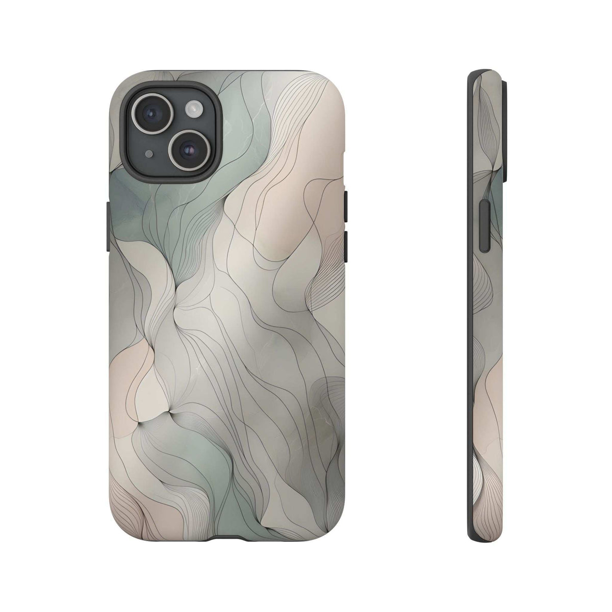 Pastel wave phone case showing side profile with abstract cream and teal wavy design