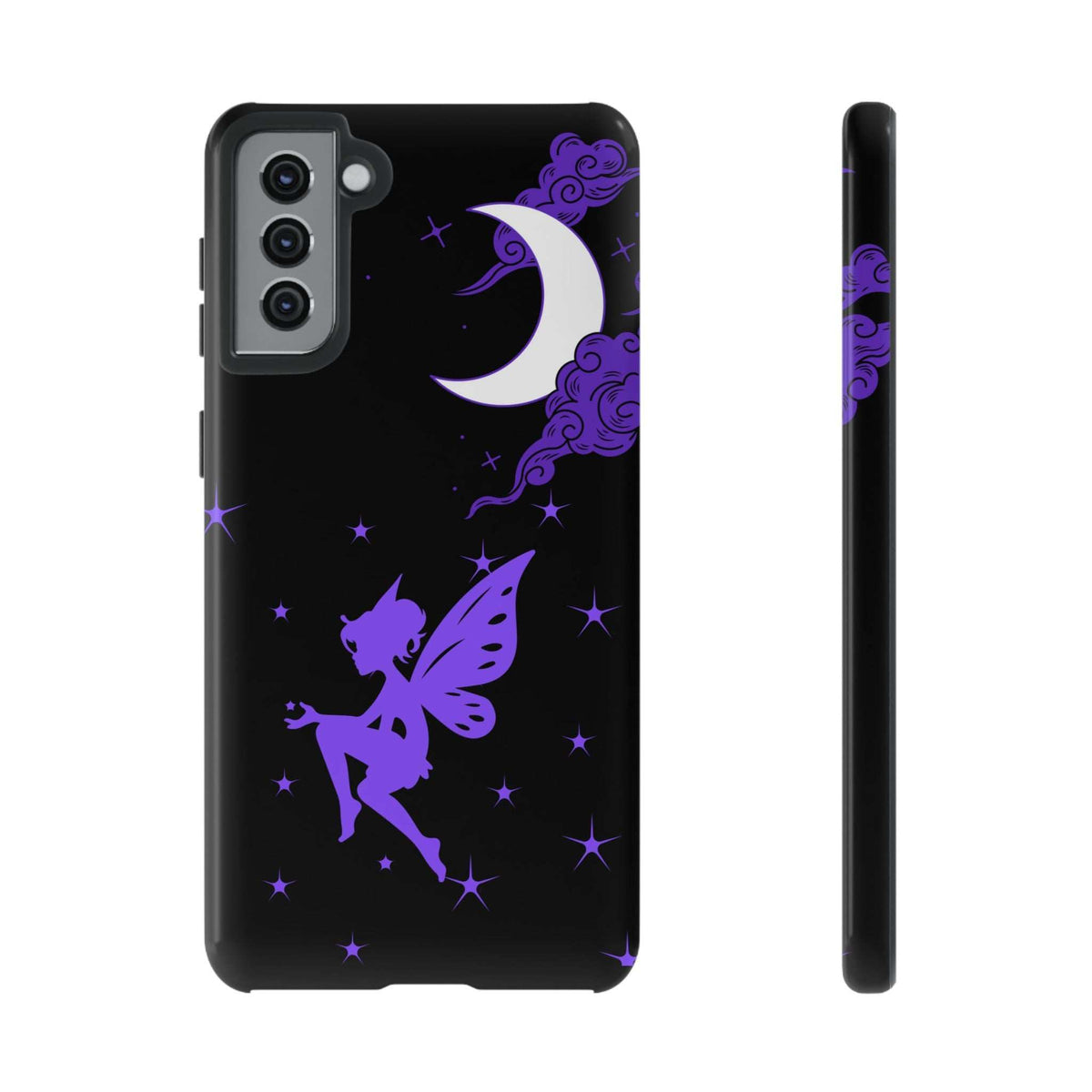 Black phone case with purple fairy, crescent moon, and stars; camera cutout visible